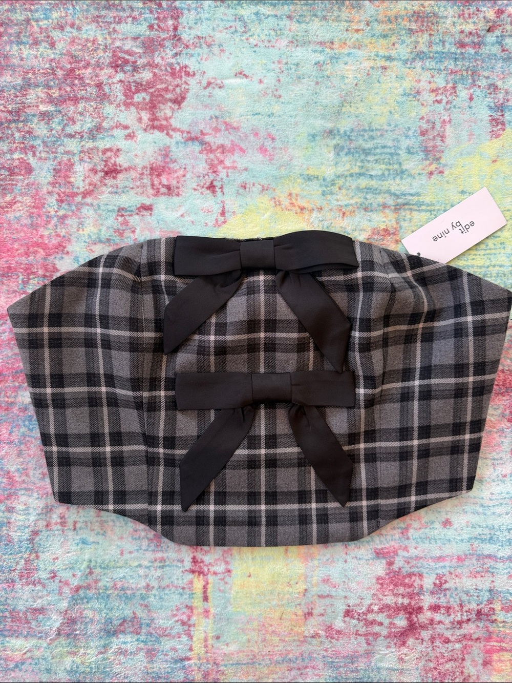 Modcloth Gray Plaid Corset-Style Waistband with Black Bows